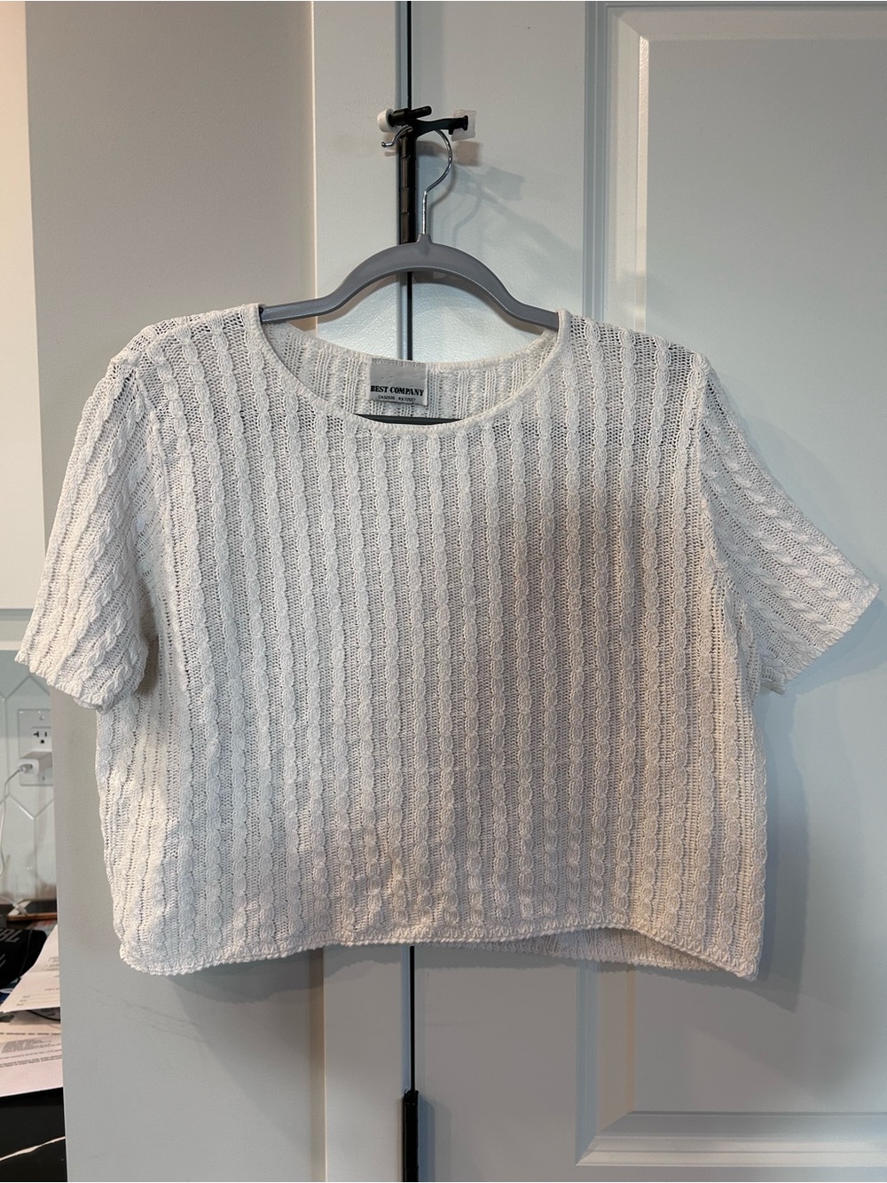Best Company White Textured Crochet Crop Top Short Sleeve Y2K Chic Boho Nuetral
